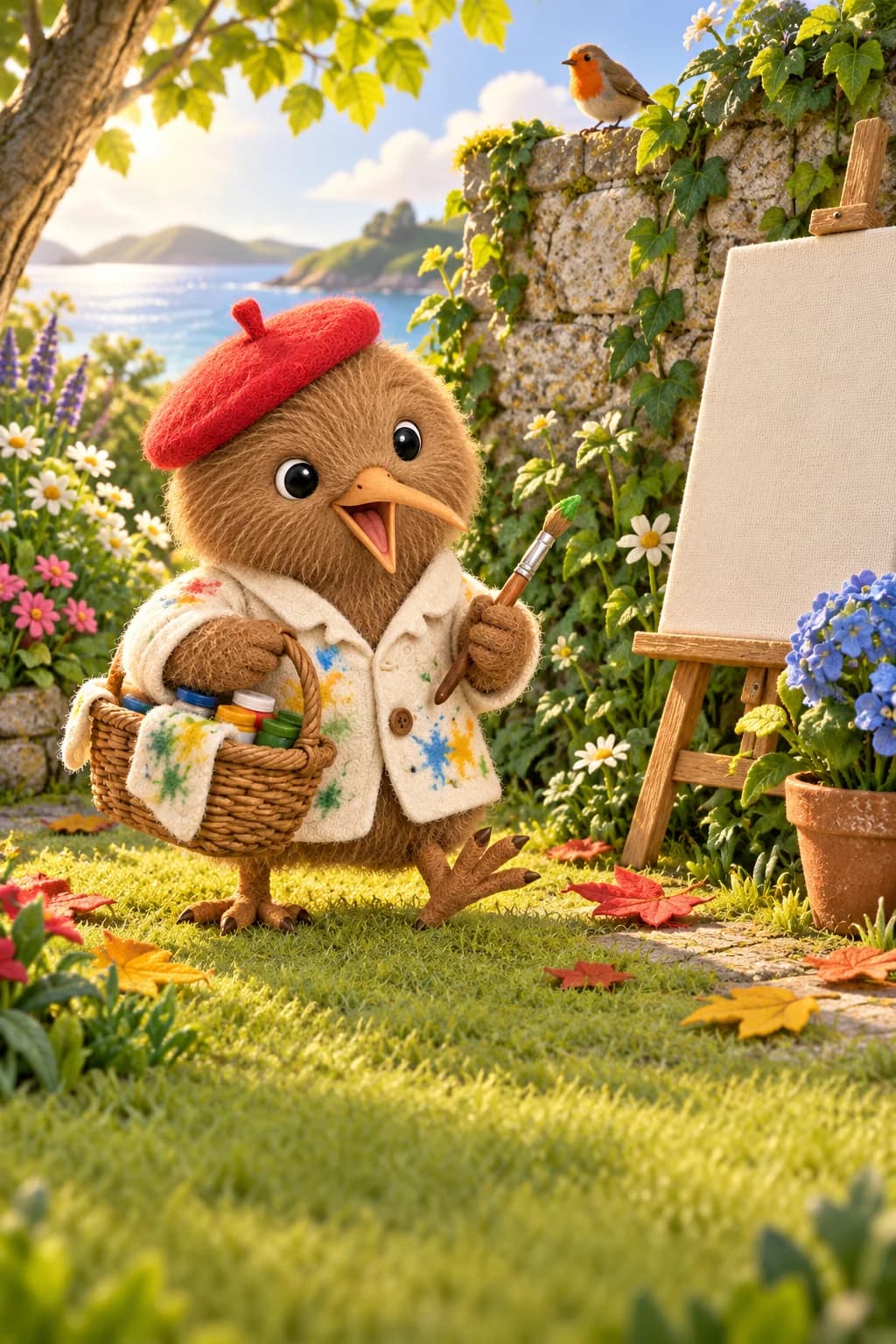 Kiwi cherche des feuilles colorées près d’un tableau blanc, dans un jardin lumineux.