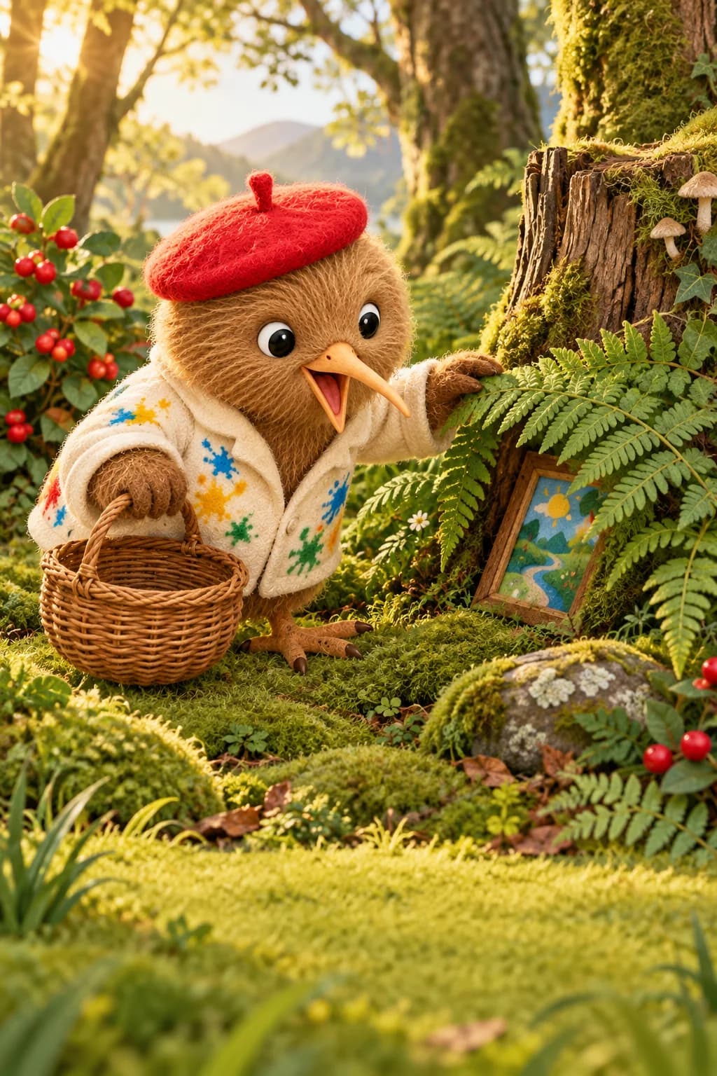 Kiwi cherche un tableau caché sous une fougère, son panier vide posé dans la clairière.