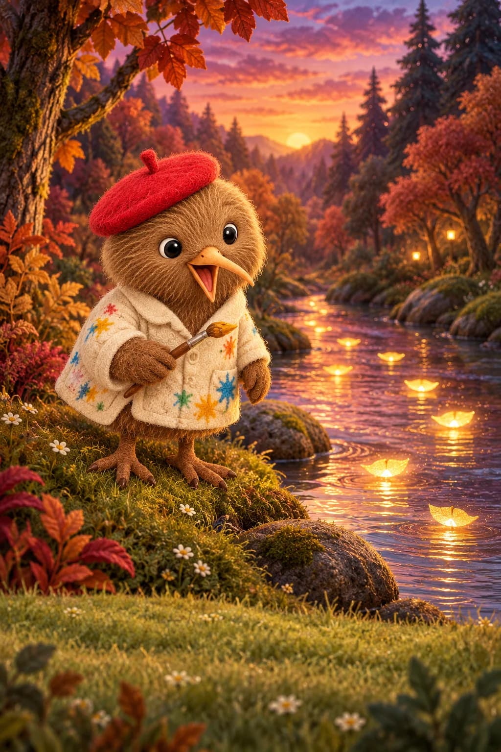 Kiwi watches golden reflections drift above a softly glowing river in the twilight forest.