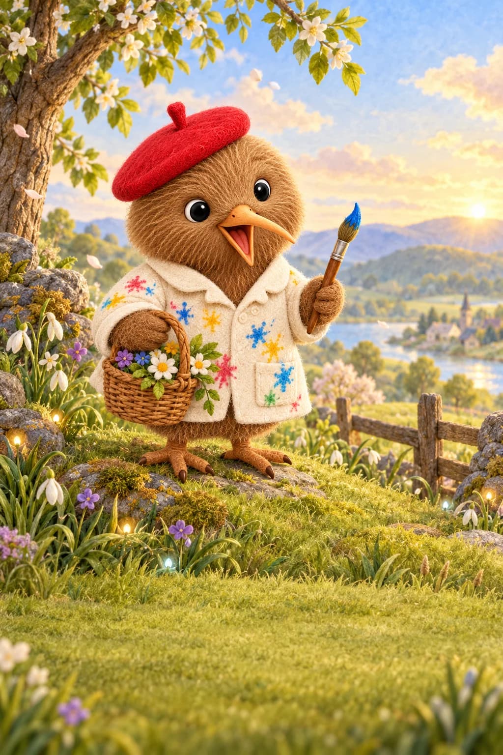 Kiwi tient un pinceau sur une colline grise où quelques lumières colorées brillent sous l’herbe.