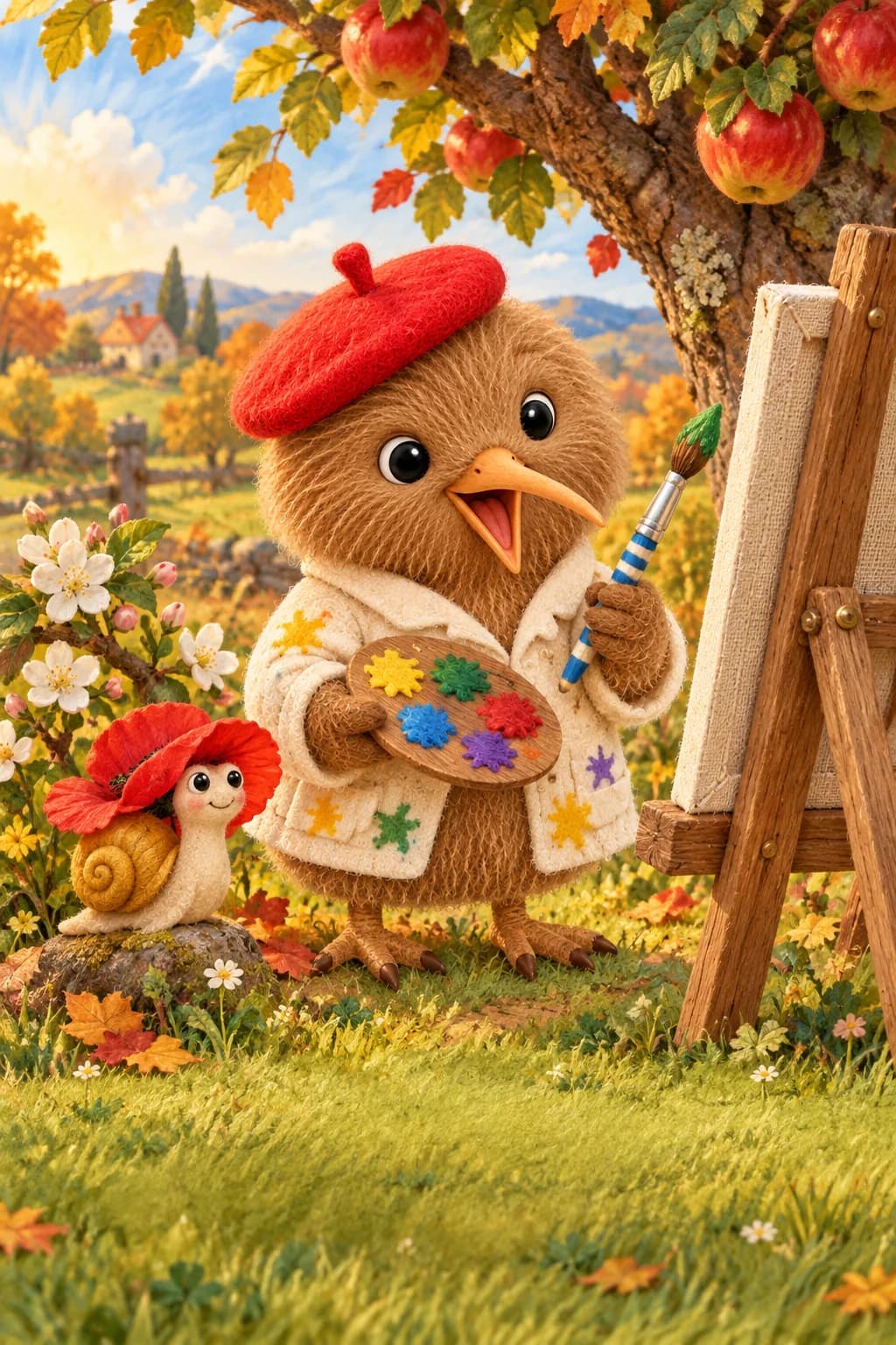 Kiwi tient son pinceau sous un pommier, tandis qu’un minuscule escargot se cache parmi les fleurs.