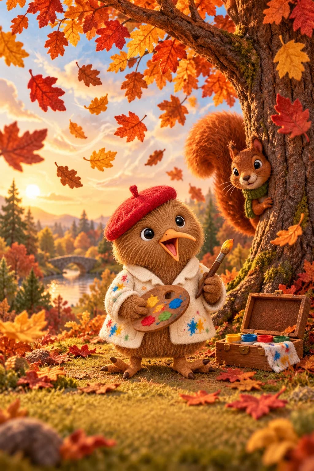 Kiwi peint sous un grand arbre tandis que quatre feuilles colorées dansent dans le vent.