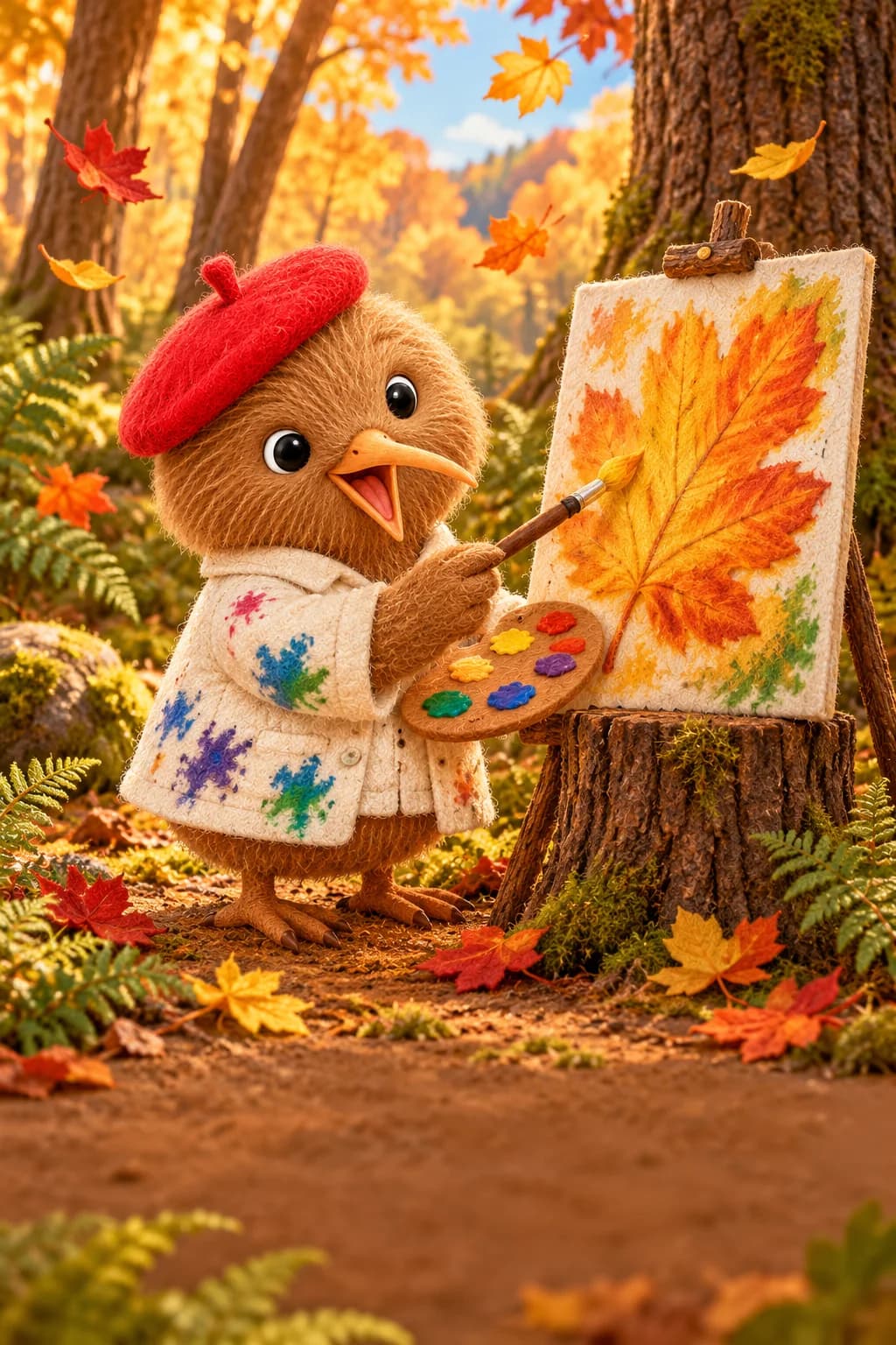 Kiwi peint une immense feuille dorée tandis que des feuilles colorées commencent à voler autour de lui.