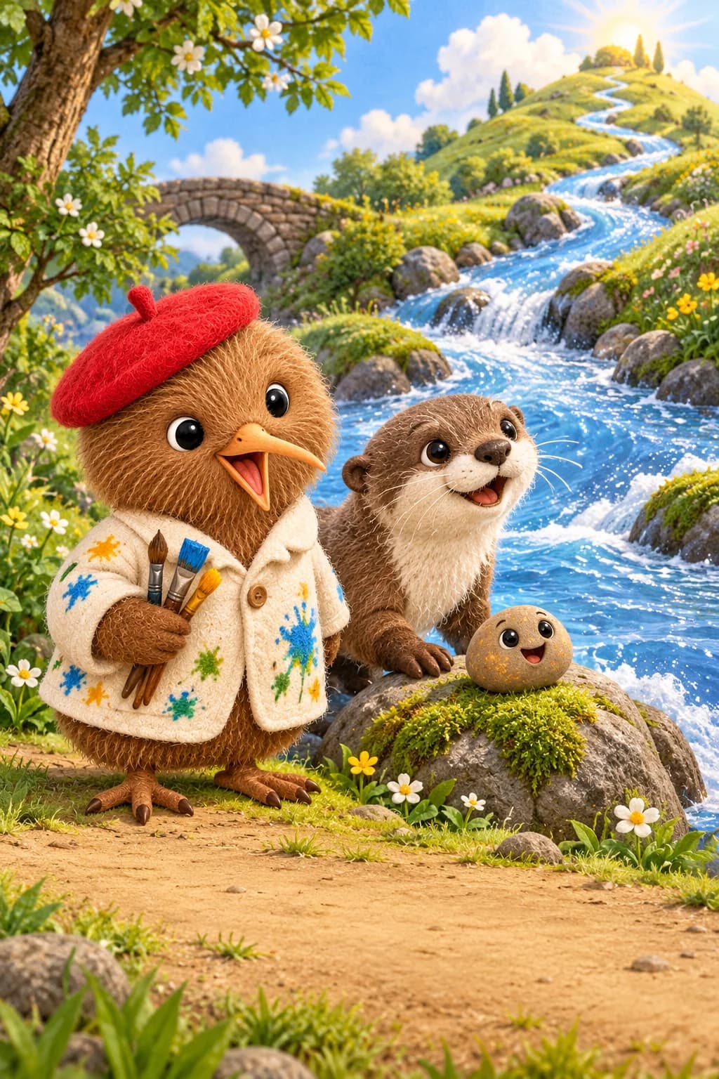 Kiwi et ses amis observent une rivière qui remonte vers une colline verdoyante.