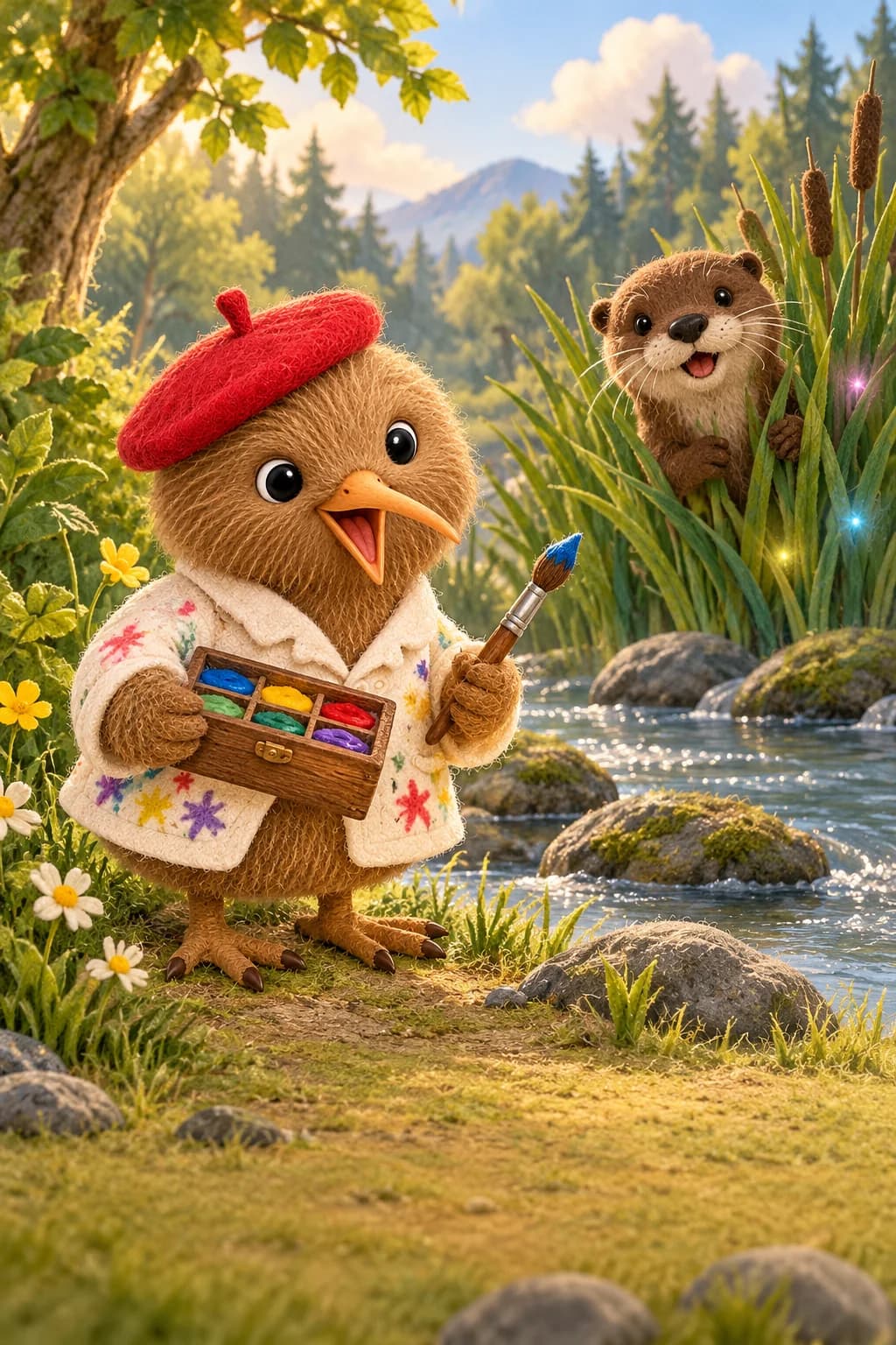 Kiwi tient son pinceau près d’une rivière grise, tandis que Lila observe les roseaux.