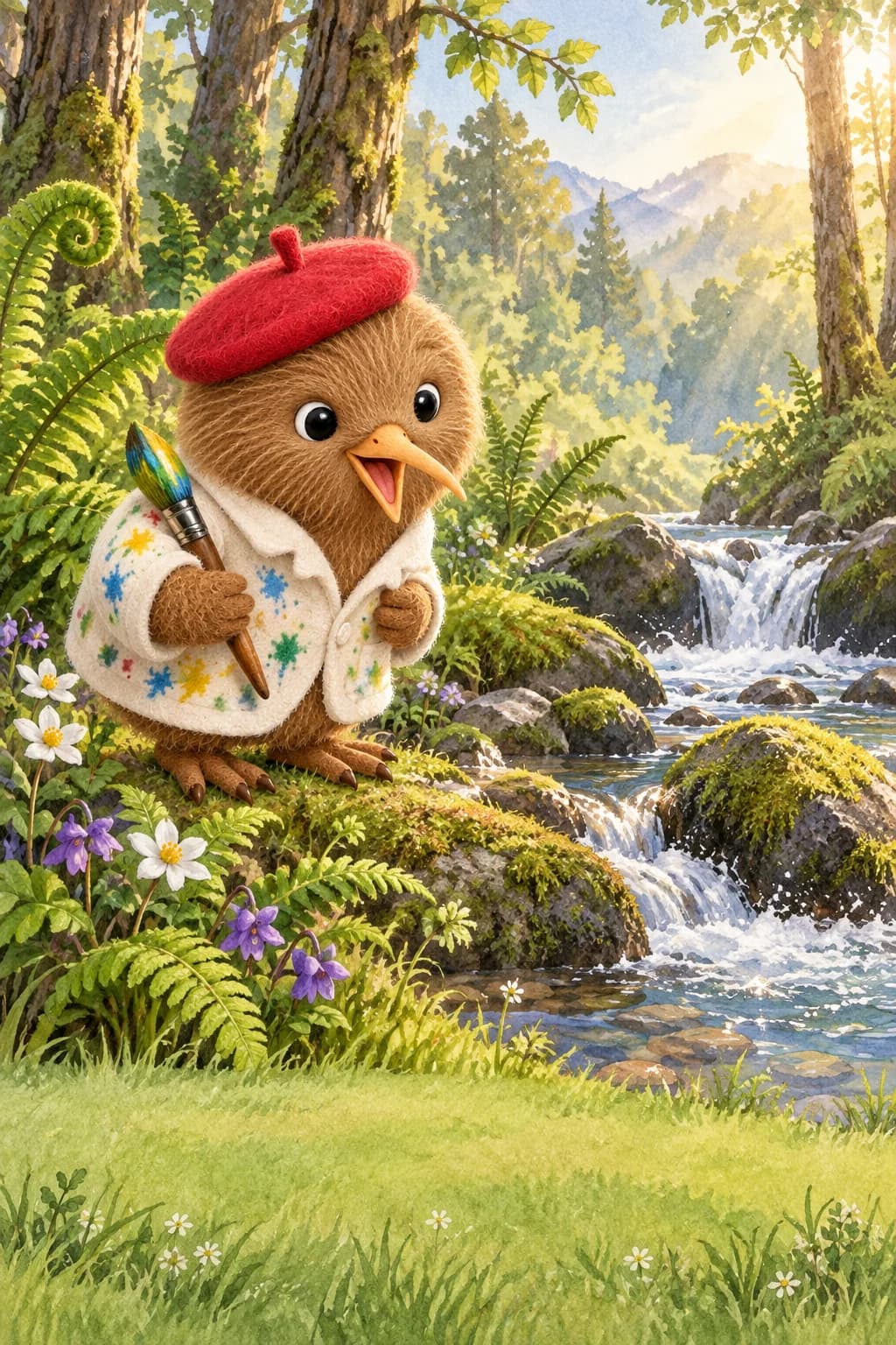 Kiwi regarde une petite rivière serpenter entre un rocher couvert de mousse et les arbres.
