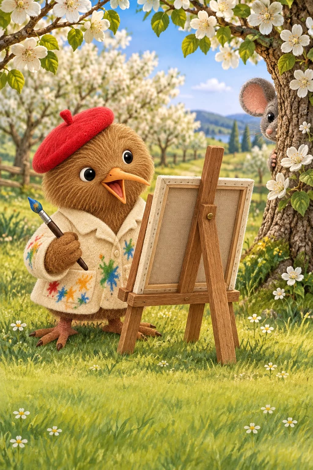 Kiwi attend devant son chevalet, tandis qu’une oreille de Pim dépasse derrière un poirier fleuri.