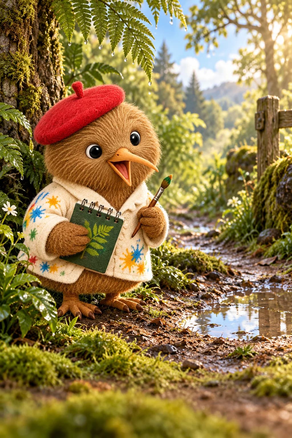 Kiwi écoute le chemin forestier, son pinceau et son carnet sous l’aile.