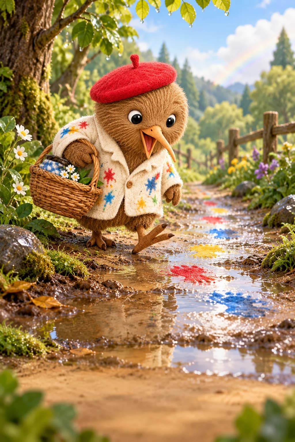 Kiwi suit des traces rouges, jaunes et bleues dans une clairière humide après la pluie.