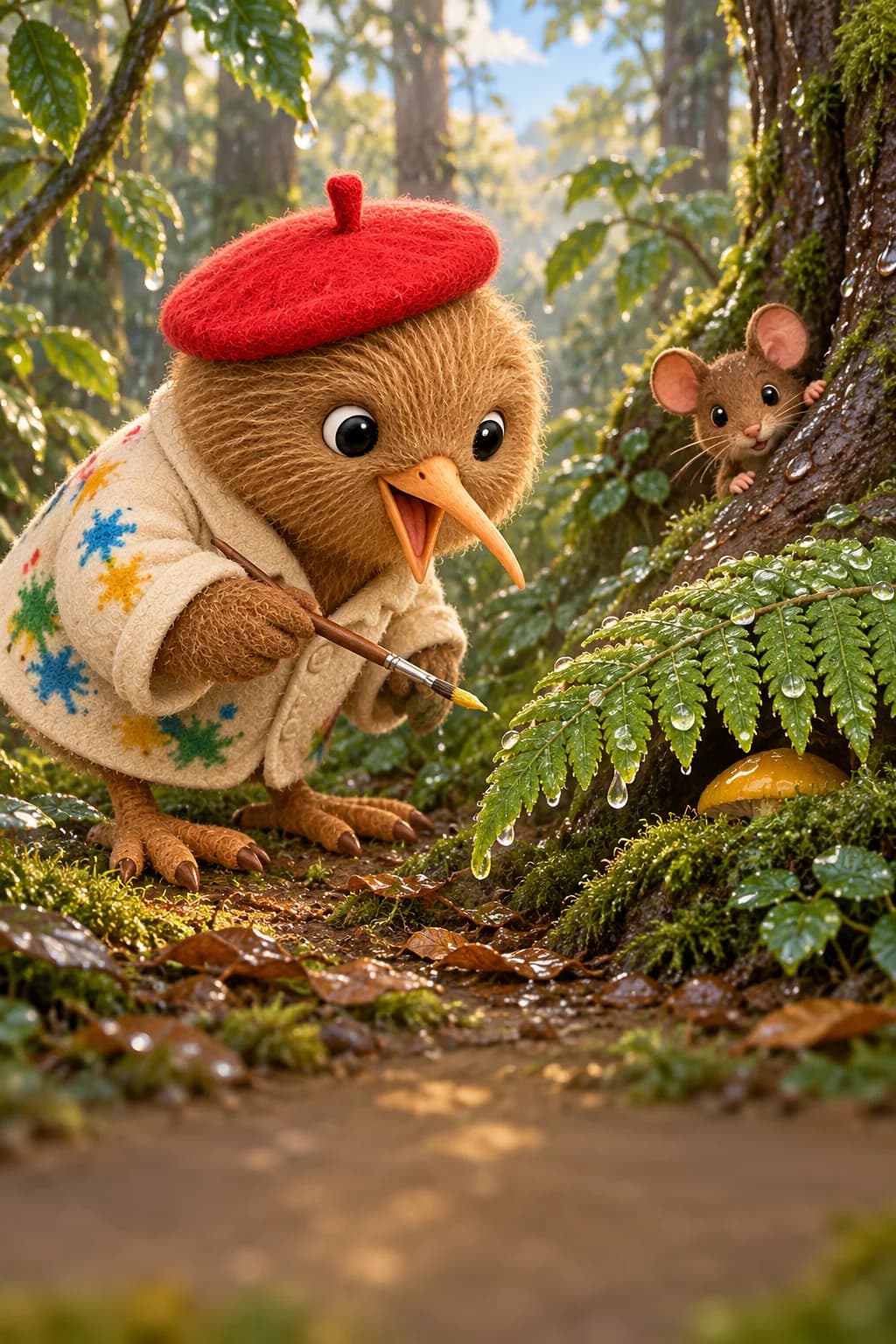 Kiwi examine une fougère mouillée tandis que Noisette regarde derrière une racine, près d’un champignon jaune.