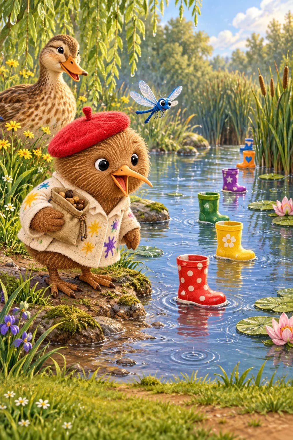 Kiwi observe un chemin de bottes colorées sur la mare, avec Lila et Madame Canard près de lui.