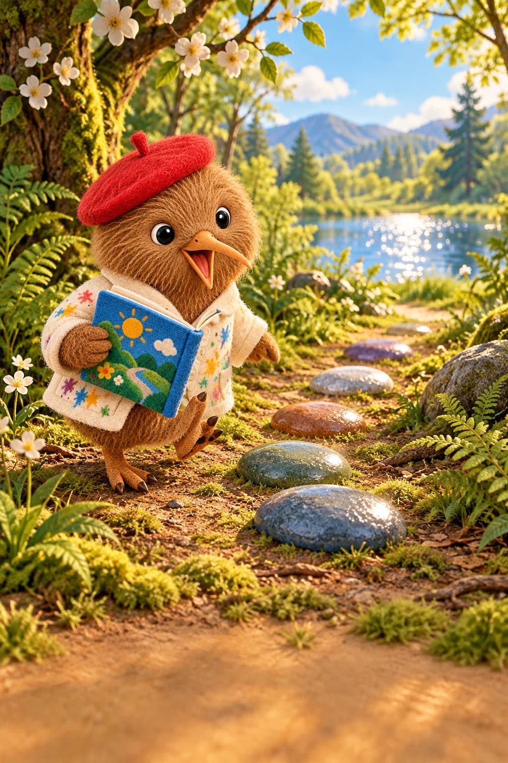 Kiwi, wearing his red beret, discovers five shining stones along a spring woodland path.