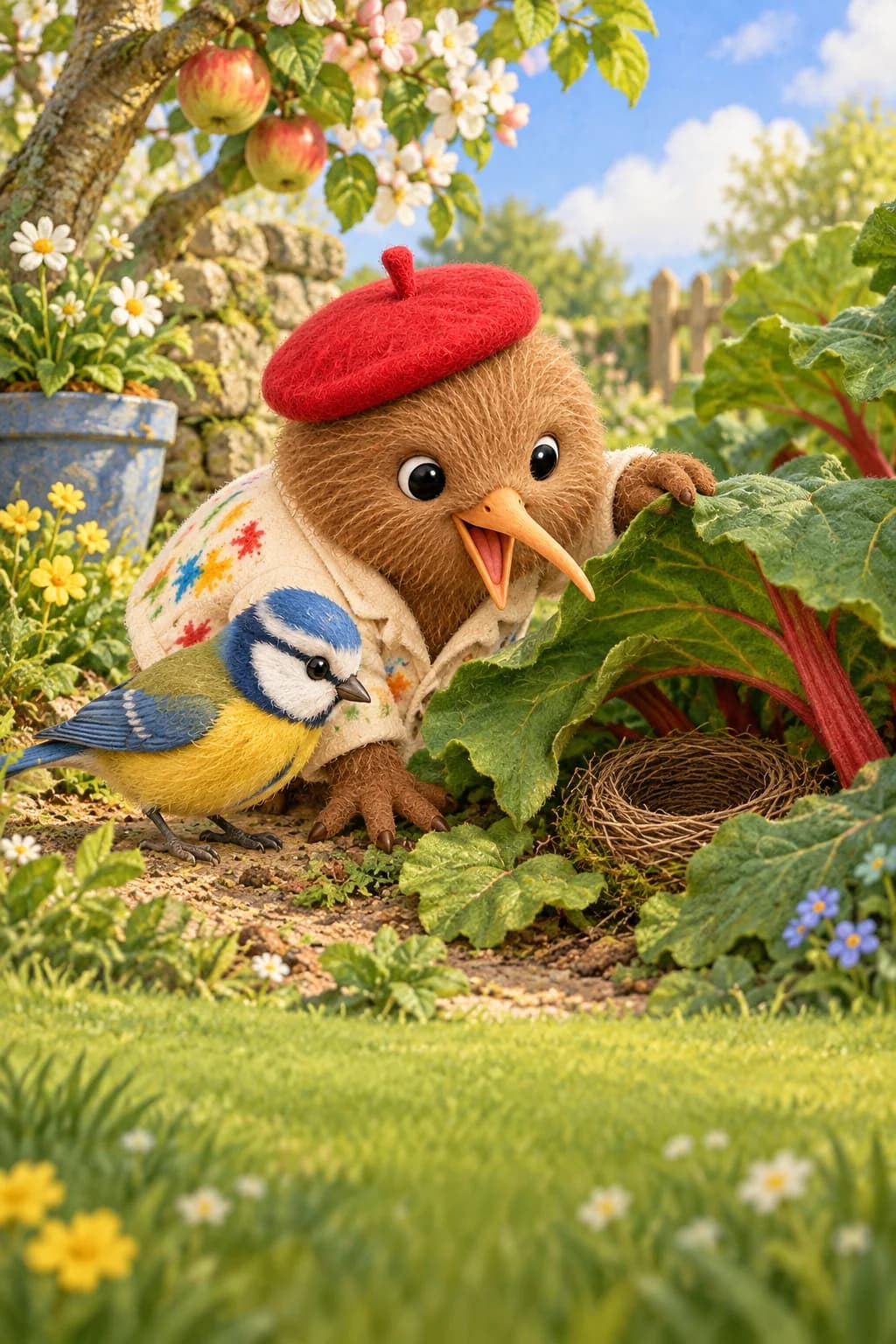 Kiwi cherche un nid sous les grandes feuilles de rhubarbe avec Plume dans le jardin printanier.