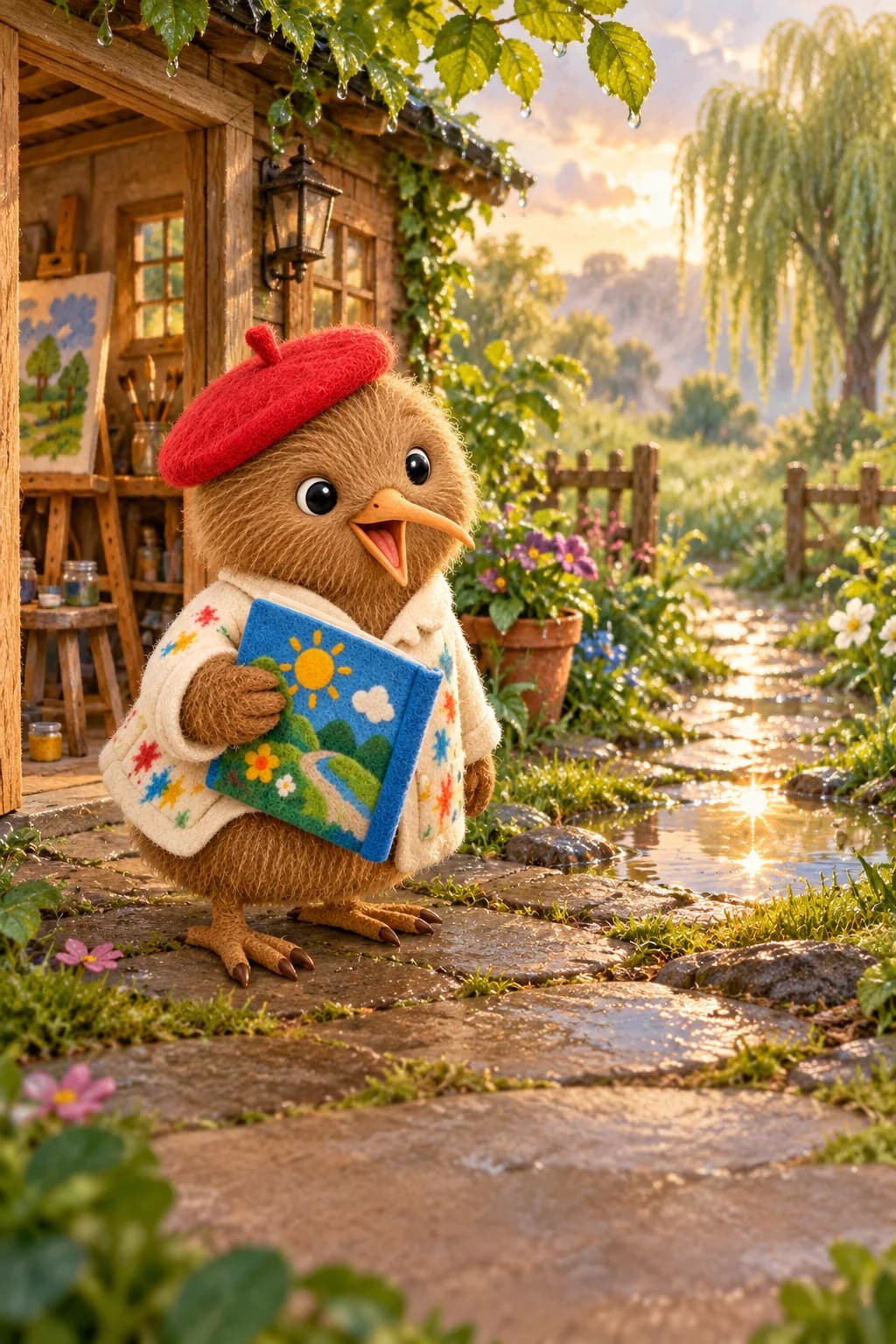 Kiwi sort de son atelier après la pluie, devant un chemin humide qui scintille.