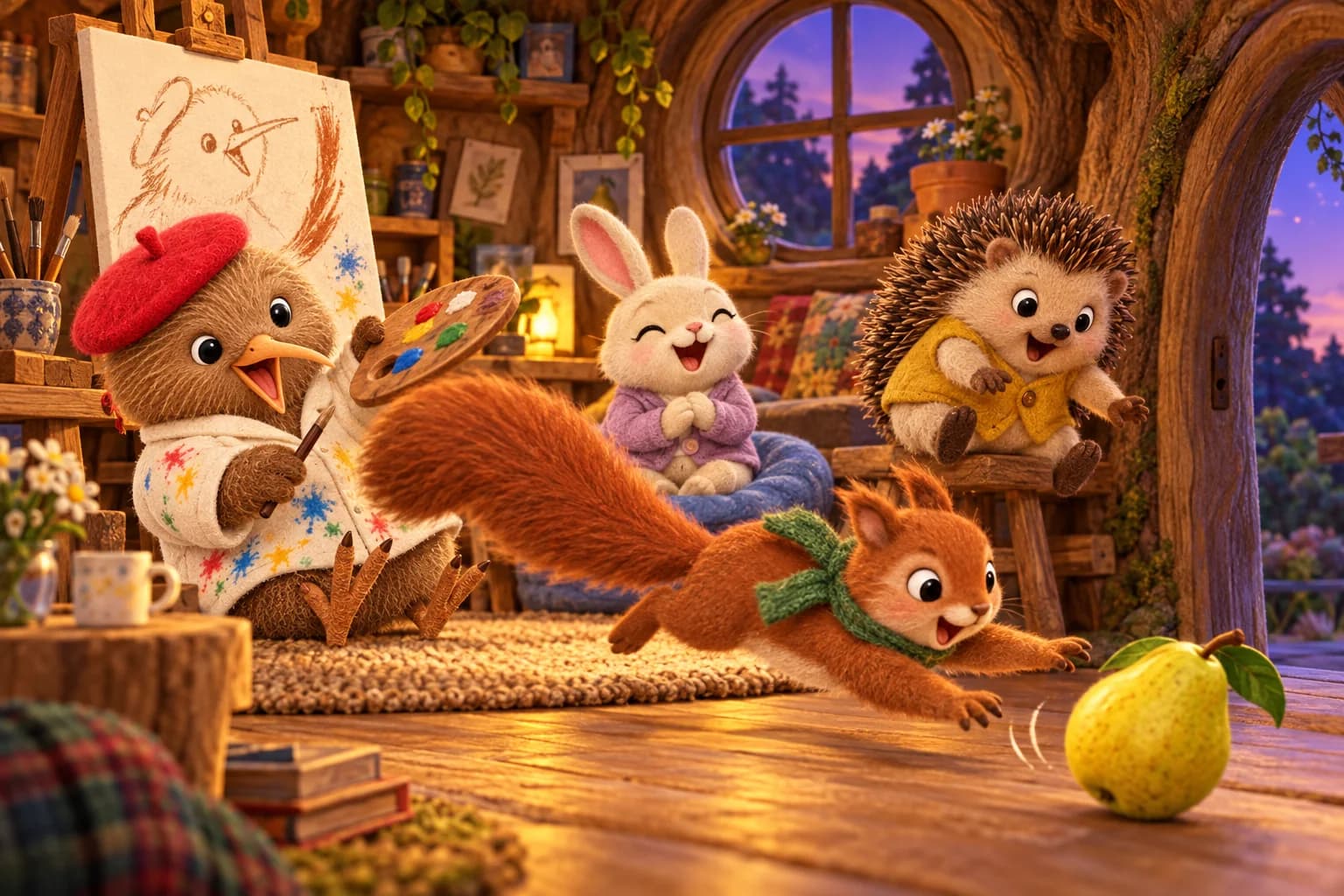 Pipo poursuit une poire jaune, sa queue frôlant la palette de Kiwi, tandis que Nila rit sur son tabouret.