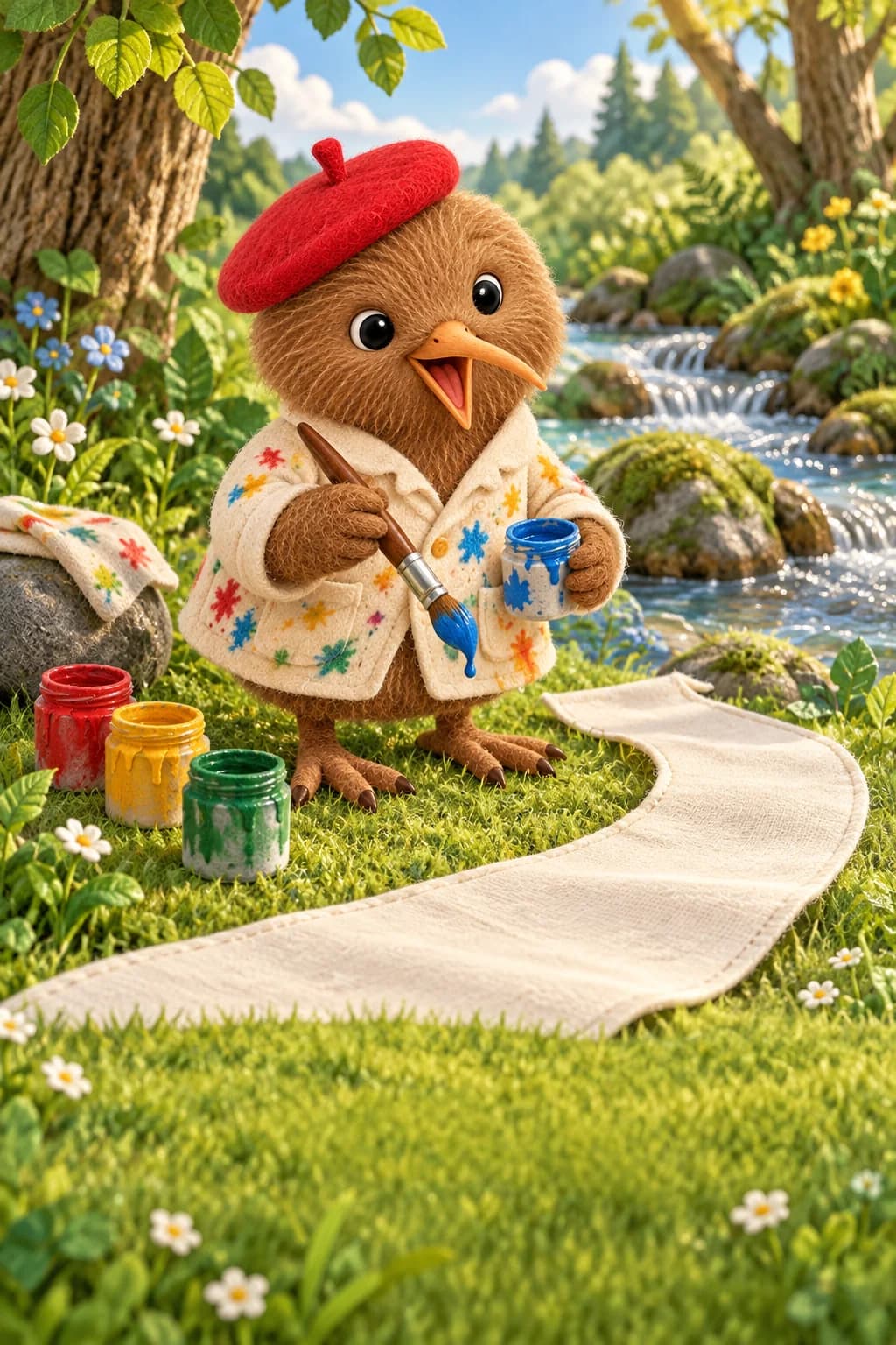 Kiwi tient son pinceau près du ruisseau, devant une longue bande de tissu blanc.