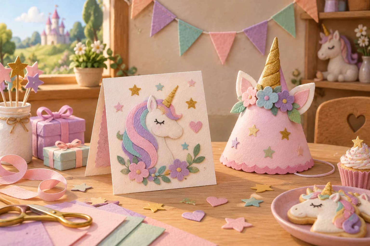 Kit anniversaire licorne avec invitation pliée, chapeau pointu de licorne et guirlande de fanions pastel pour une fête d’enfant.
