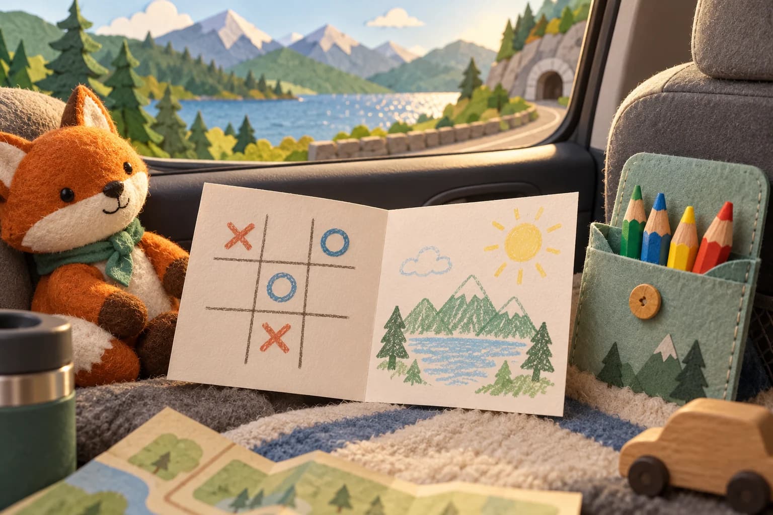 Kit voyage pour enfant avec carte de jeux pliée, morpion, dessin libre, carnet d’observation par la fenêtre et petite pochette pour crayons et cartes.