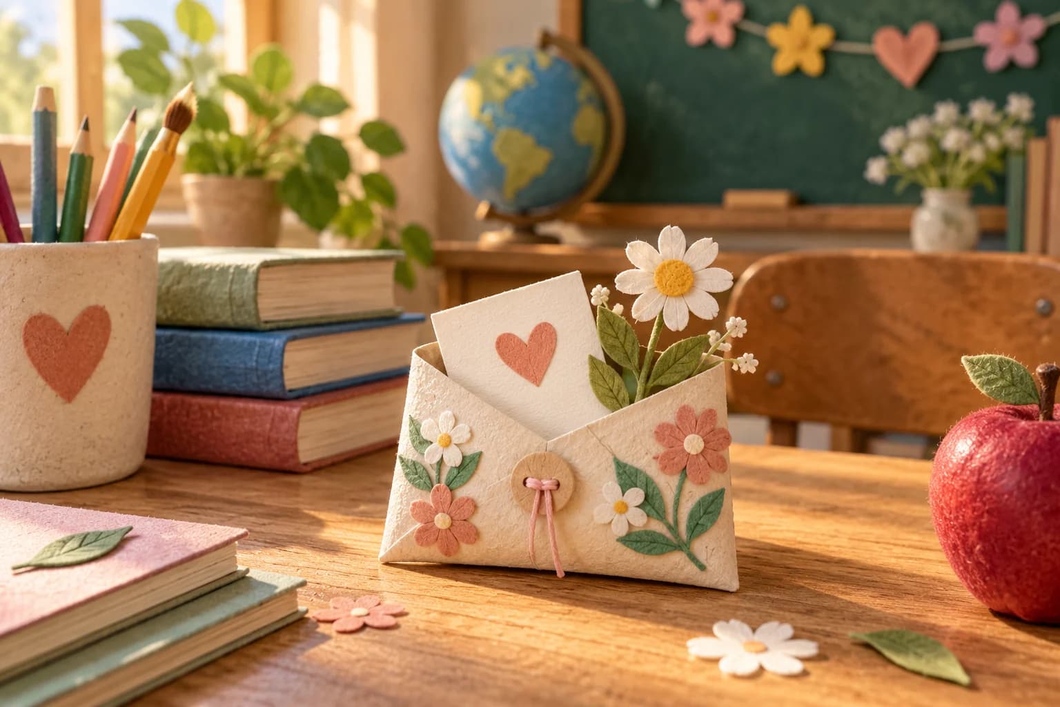 Petite pochette en papier décorée avec un message de remerciement, fermée et prête à être offerte à une maîtresse ou à un maître.