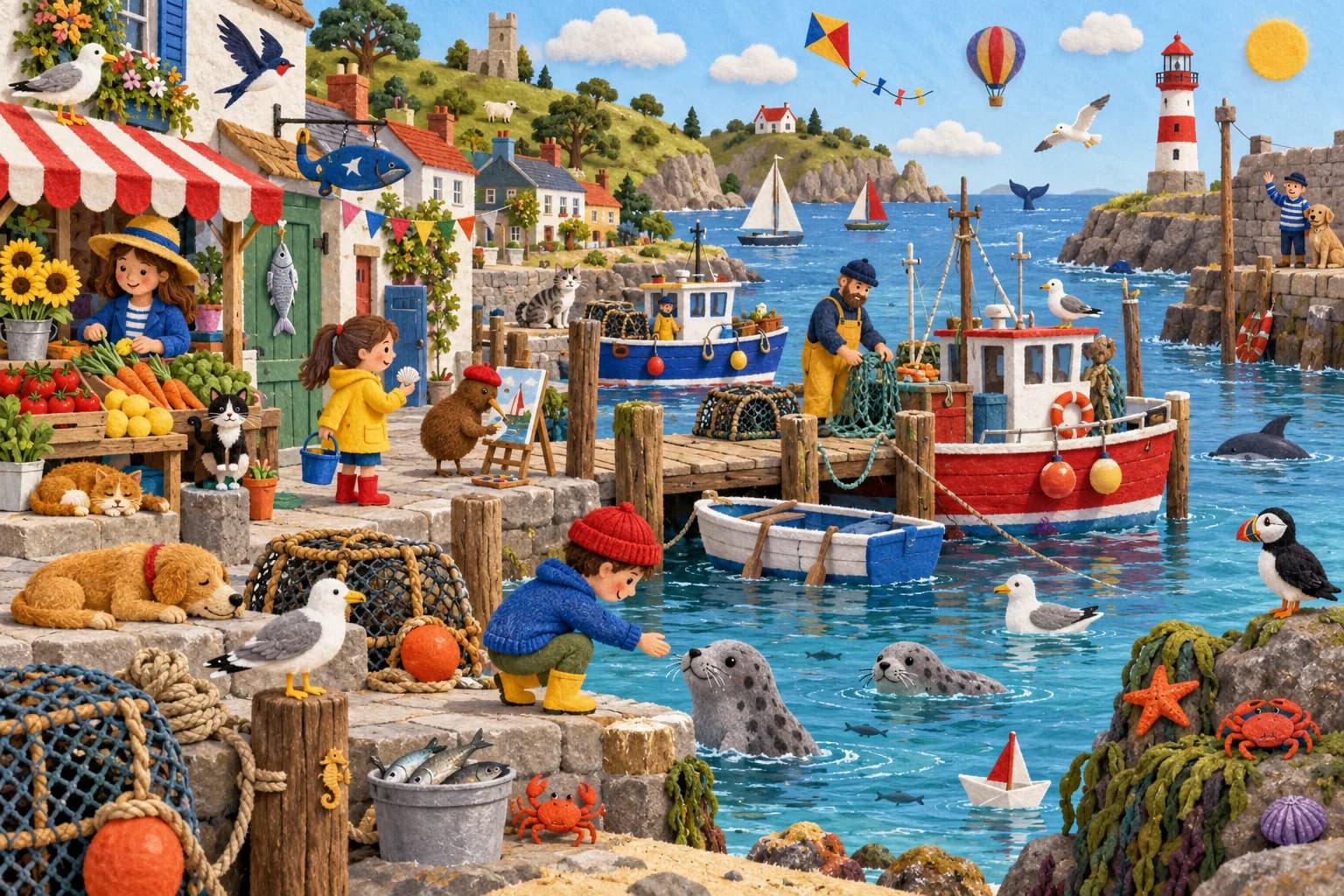 Observe le port animé pour retrouver le macareux, le phare rouge et blanc, le crabe et quatre surprises.