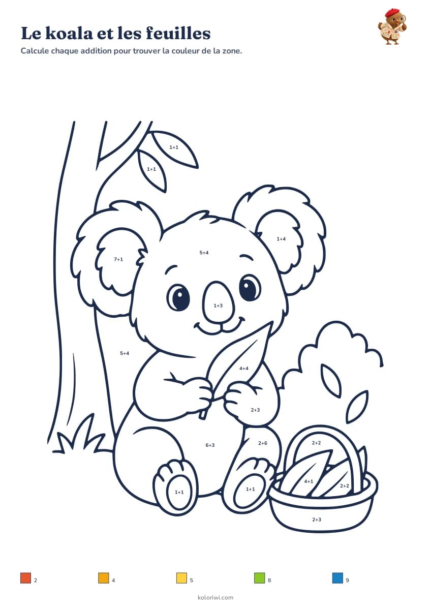 Le koala et les feuilles — aperçu de la fiche à imprimer