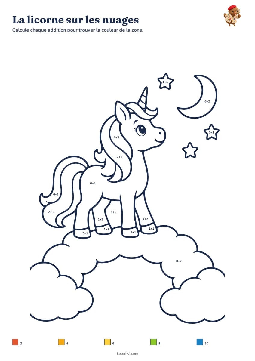 La licorne sur les nuages — aperçu de la fiche à imprimer