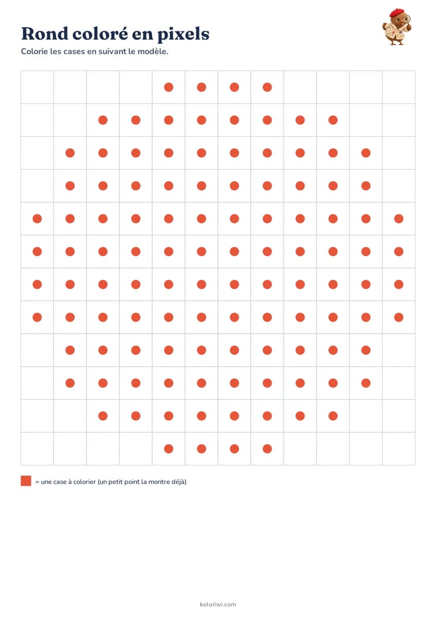 Rond coloré en pixels — aperçu de la fiche à imprimer