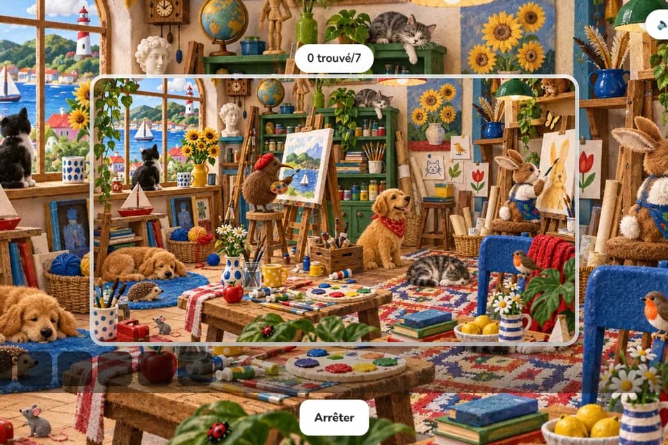 Kiwi peint dans un atelier rempli de jouets, de plantes et d’animaux, avec des chiens, des chats et un lapin.