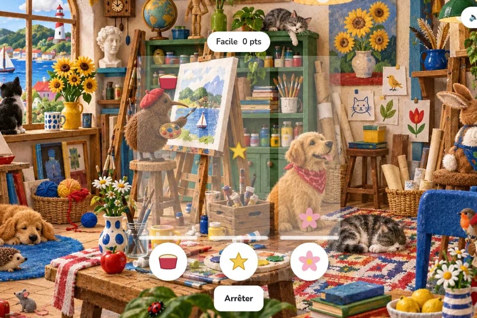 Kiwi, coiffé d’un béret rouge, peint un voilier dans un atelier rempli de fleurs, de jouets, de chiens et de chats.