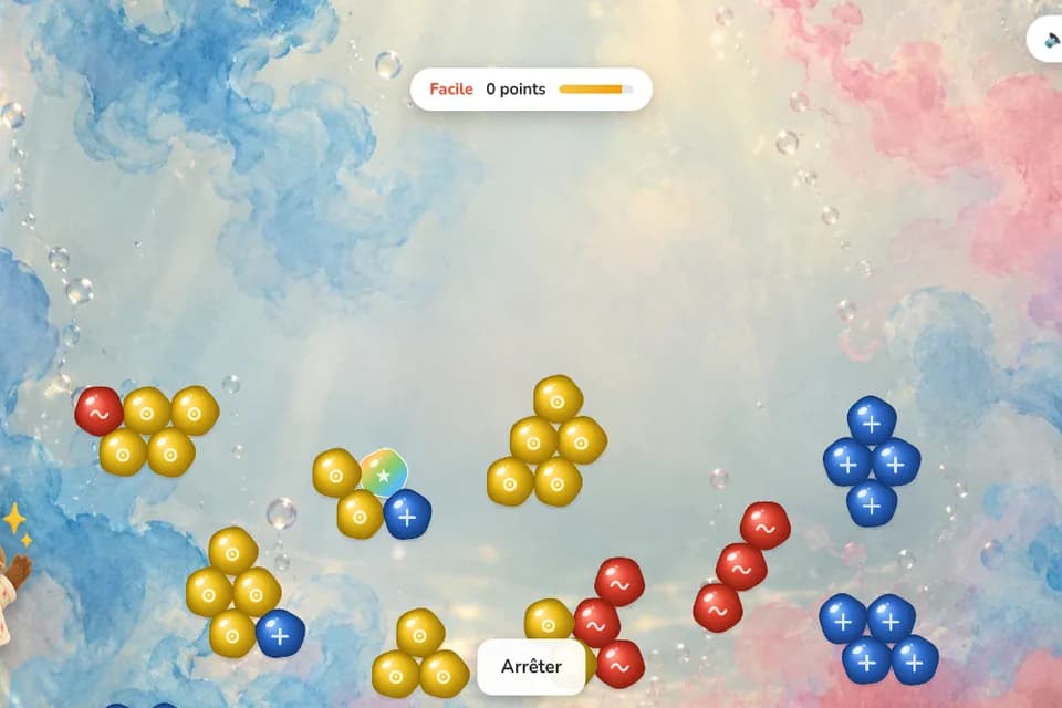 Des bulles jaunes, bleues et rouges portant des symboles flottent en petits groupes sur un fond pastel aux nuages colorés.