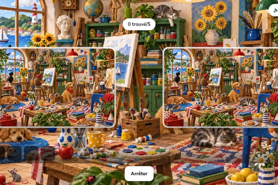Deux vues d’un atelier rempli de tableaux, de pinceaux et de jouets présentent des différences, avec un chien et un chat.