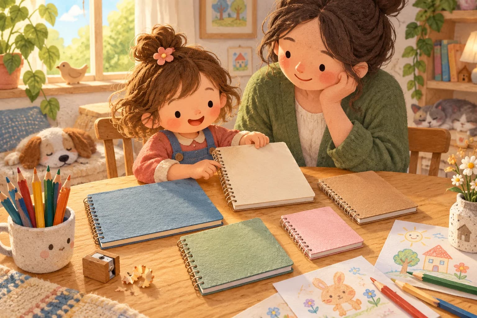 Un enfant choisit un carnet de dessin avec un parent parmi des crayons et des cahiers.