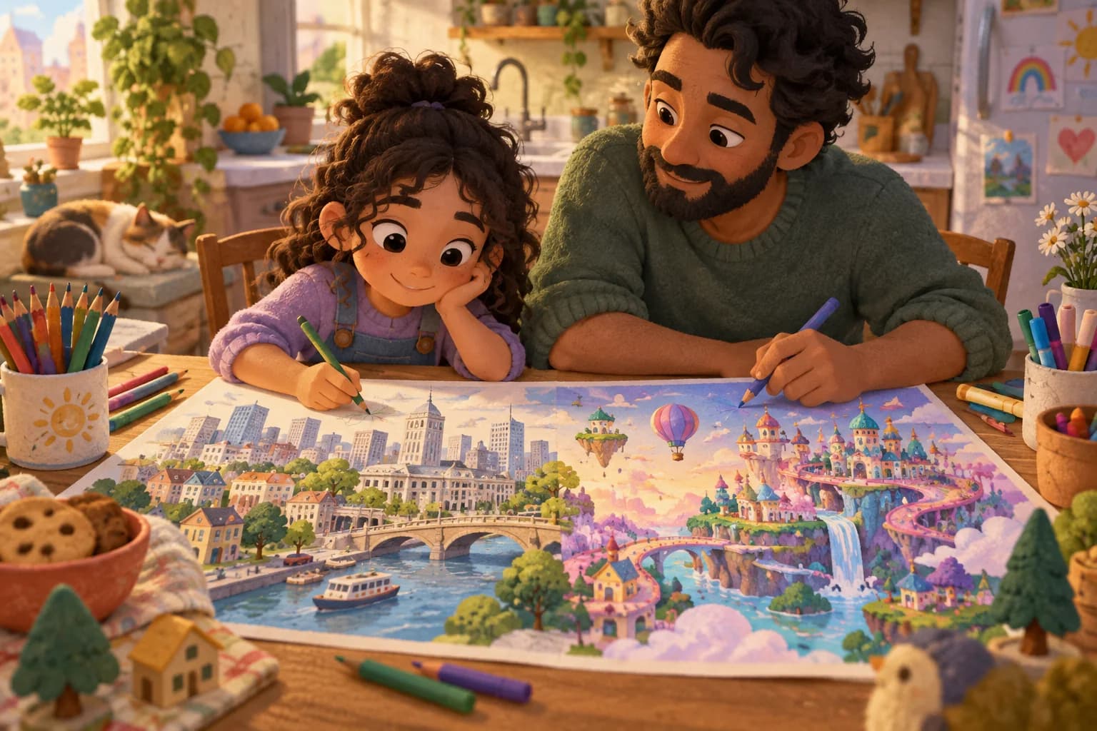 Un enfant et un parent colorient ensemble un paysage imaginaire à la table