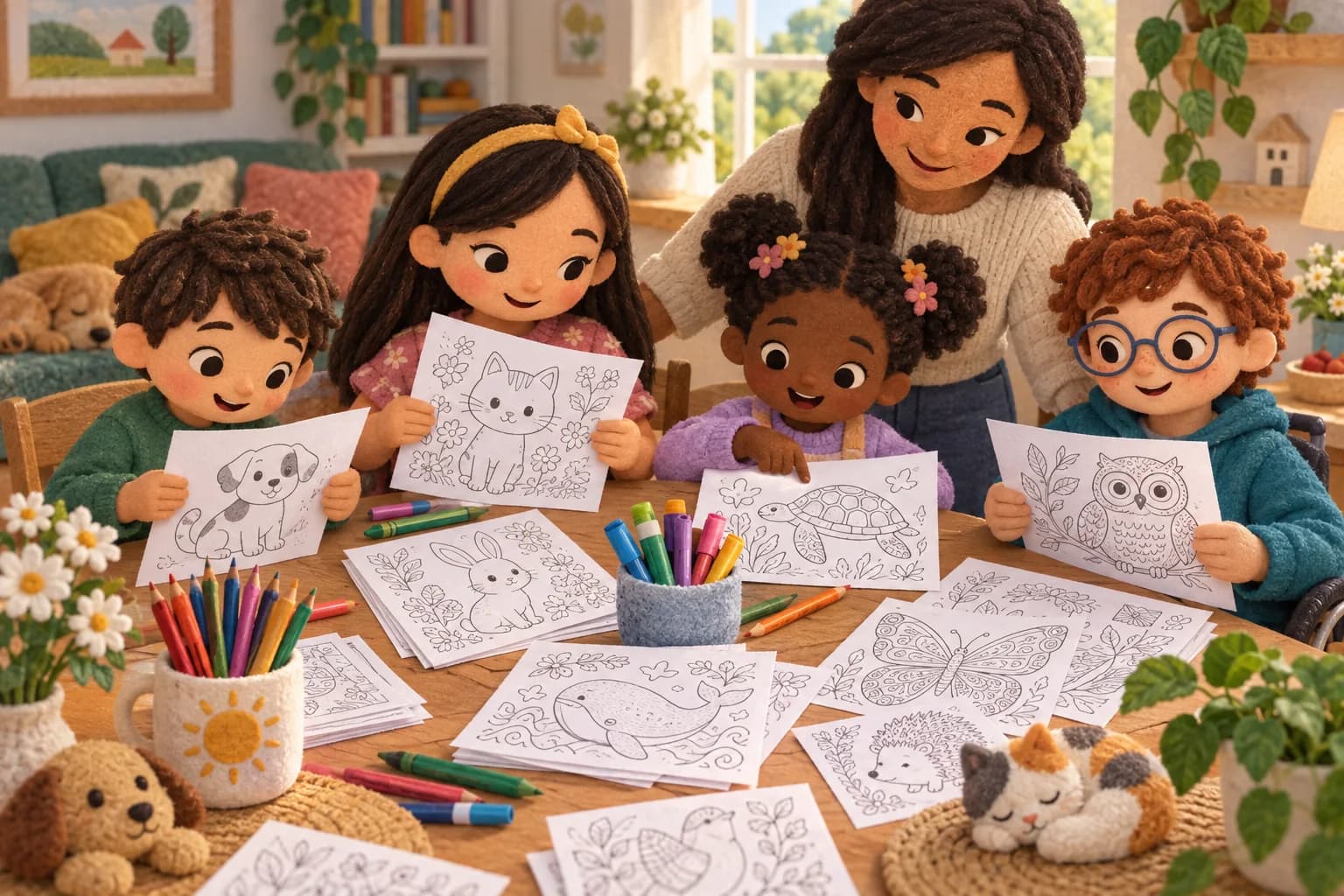 Des enfants d’âges différents choisissent des coloriages à une table familiale, avec des crayons, des feutres et un adulte qui les accompagne.