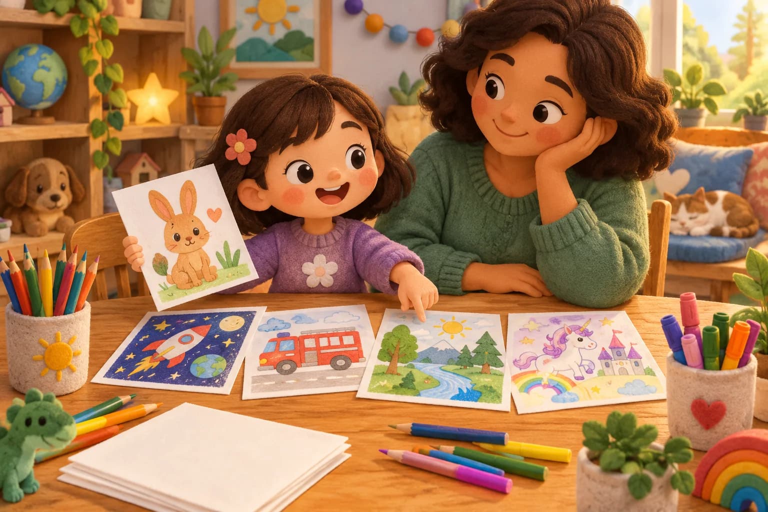 Enfant choisissant un thème de coloriage parmi des animaux, des fusées et des véhicules