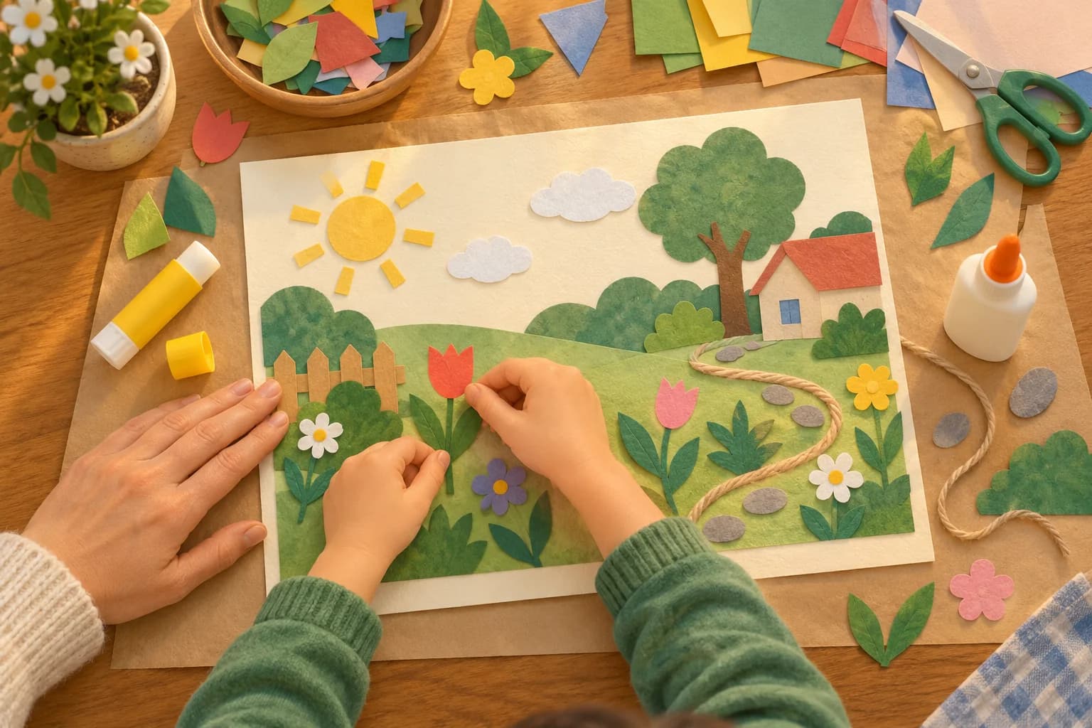 Un enfant et un adulte réalisent un paysage en papier avec un bâton de colle et un petit flacon de colle liquide.