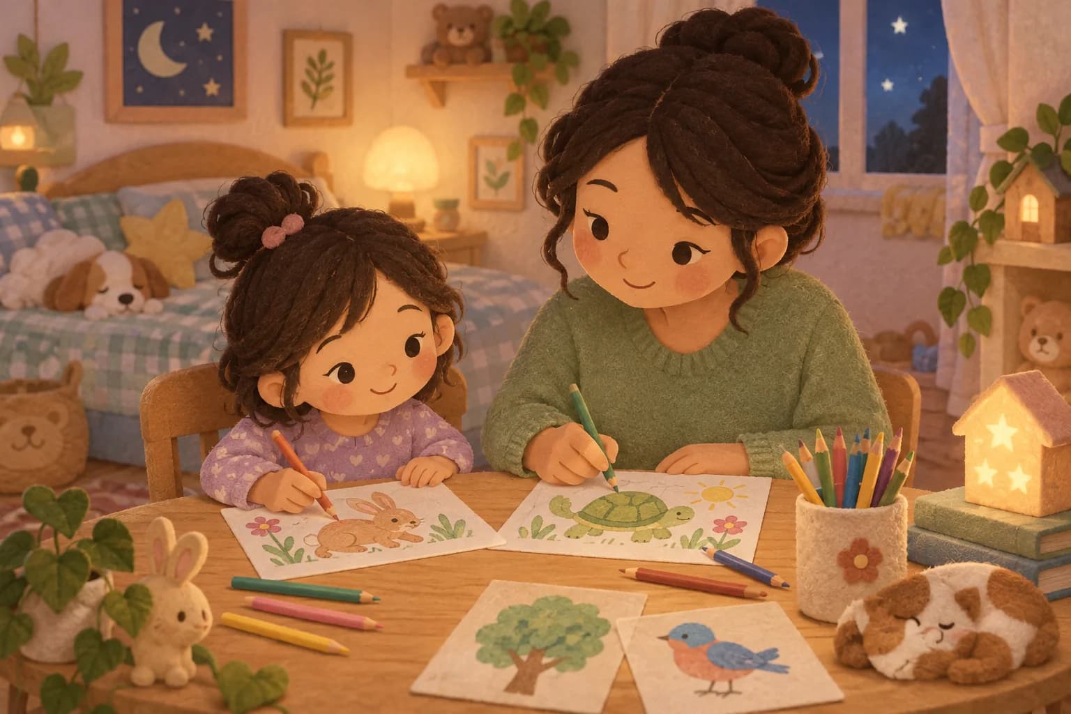 Un parent et un enfant colorient ensemble dans une chambre éclairée doucement avant le coucher