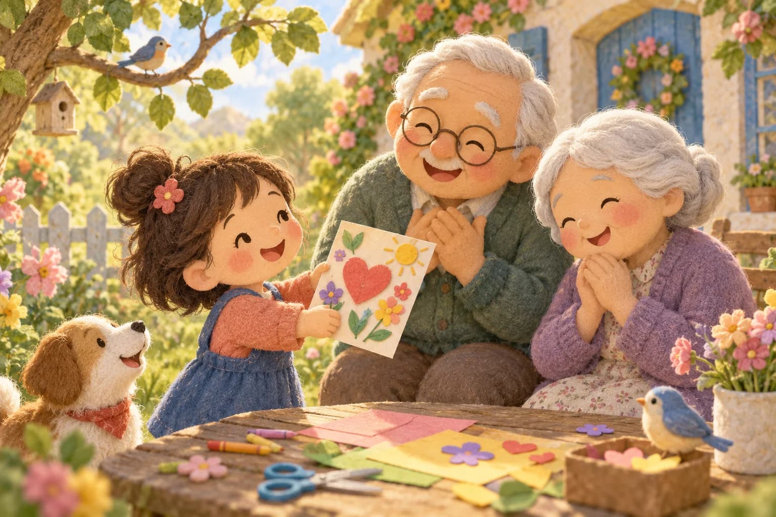 Un enfant offre une carte colorée à ses deux grands-parents dans un jardin