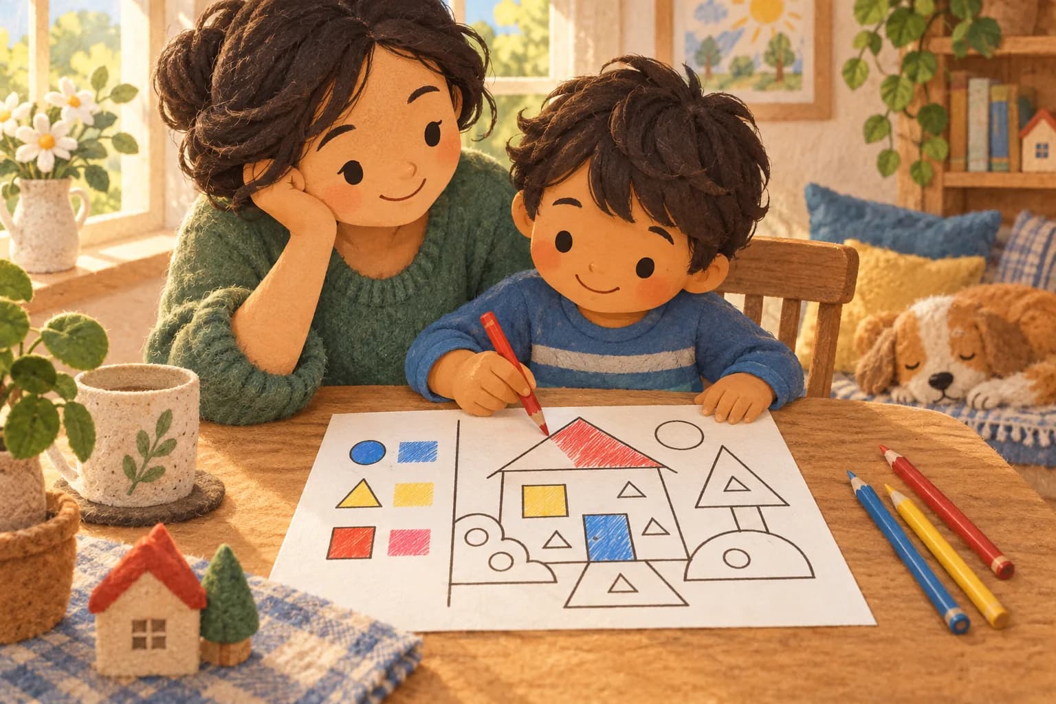 Un enfant et un parent colorient une maison à l’aide d’un code de formes et de couleurs.