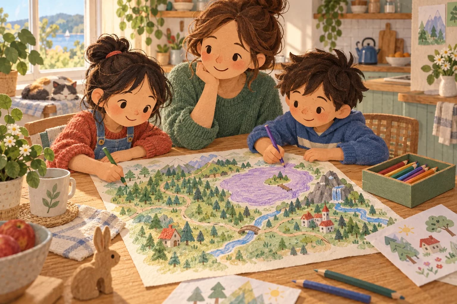 Deux enfants et un parent colorient ensemble une carte imaginaire sur une table.