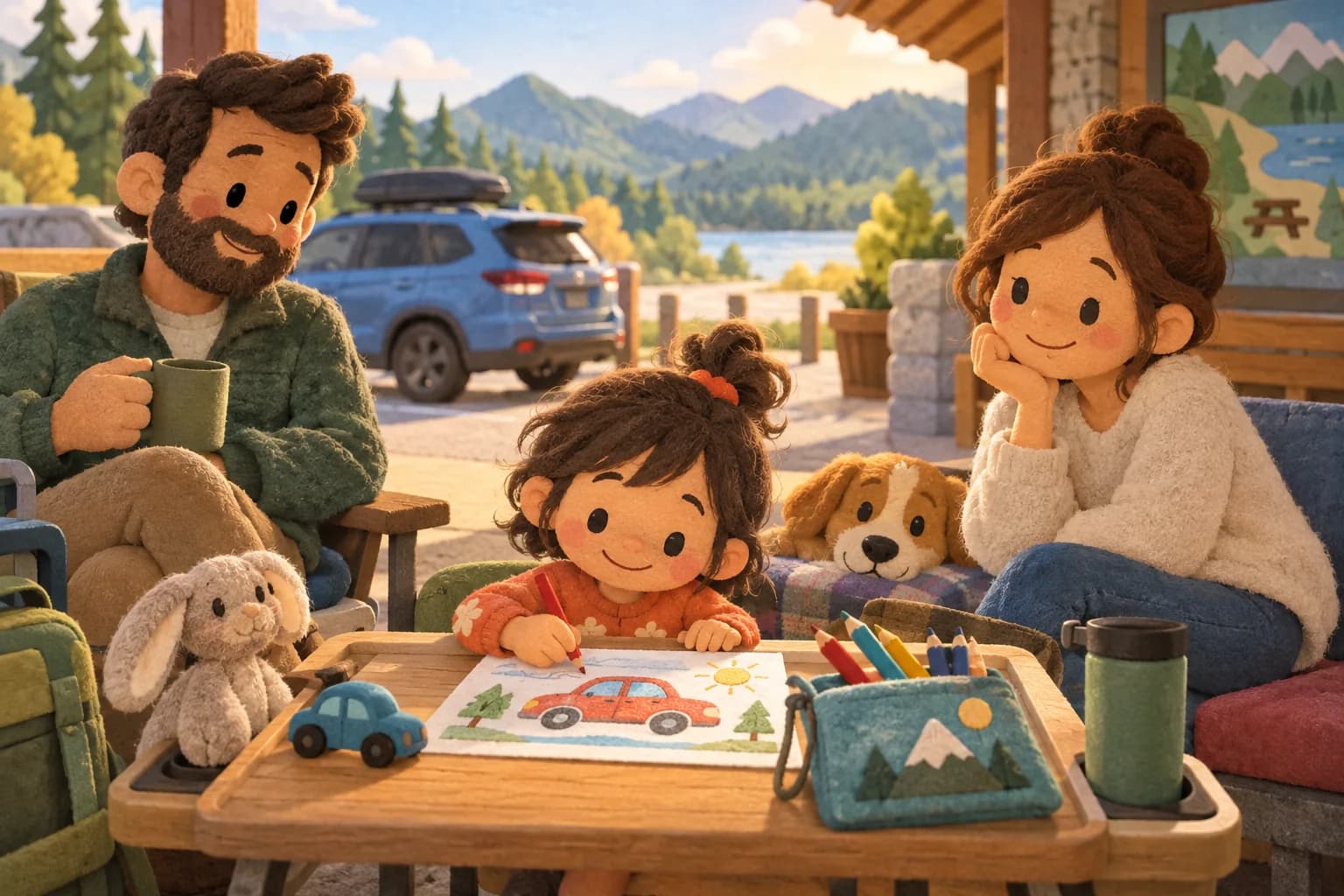 Un enfant colorie un dessin de voiture pendant une pause en famille