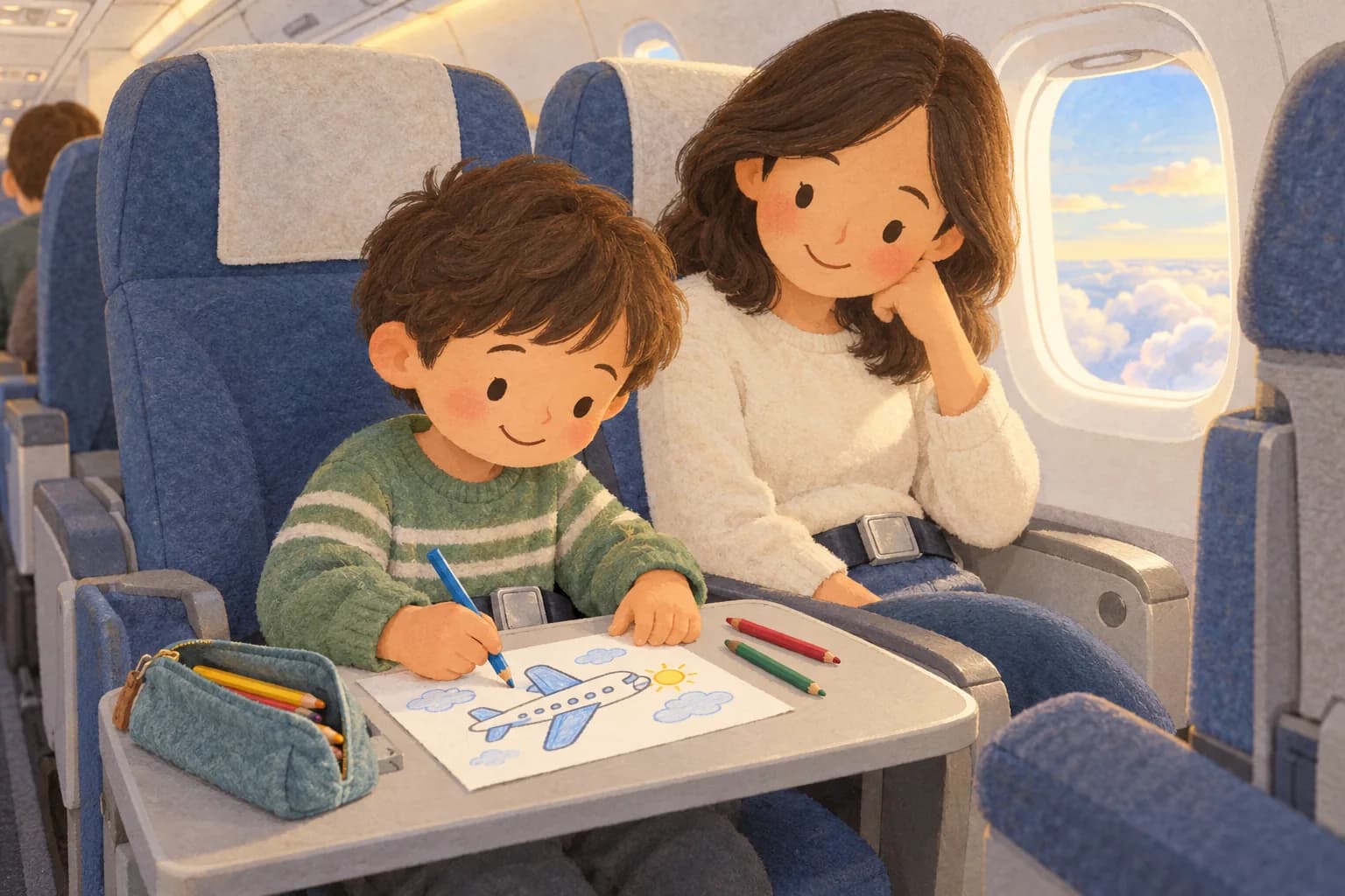Un enfant, ceinture attachée, colorie un avion sur sa tablette à côté d’un parent.
