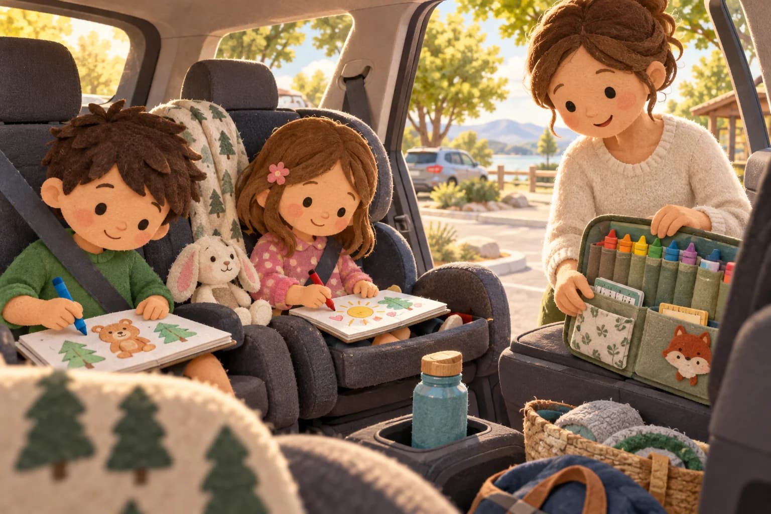 Enfants qui colorient dans une voiture garée pendant une pause