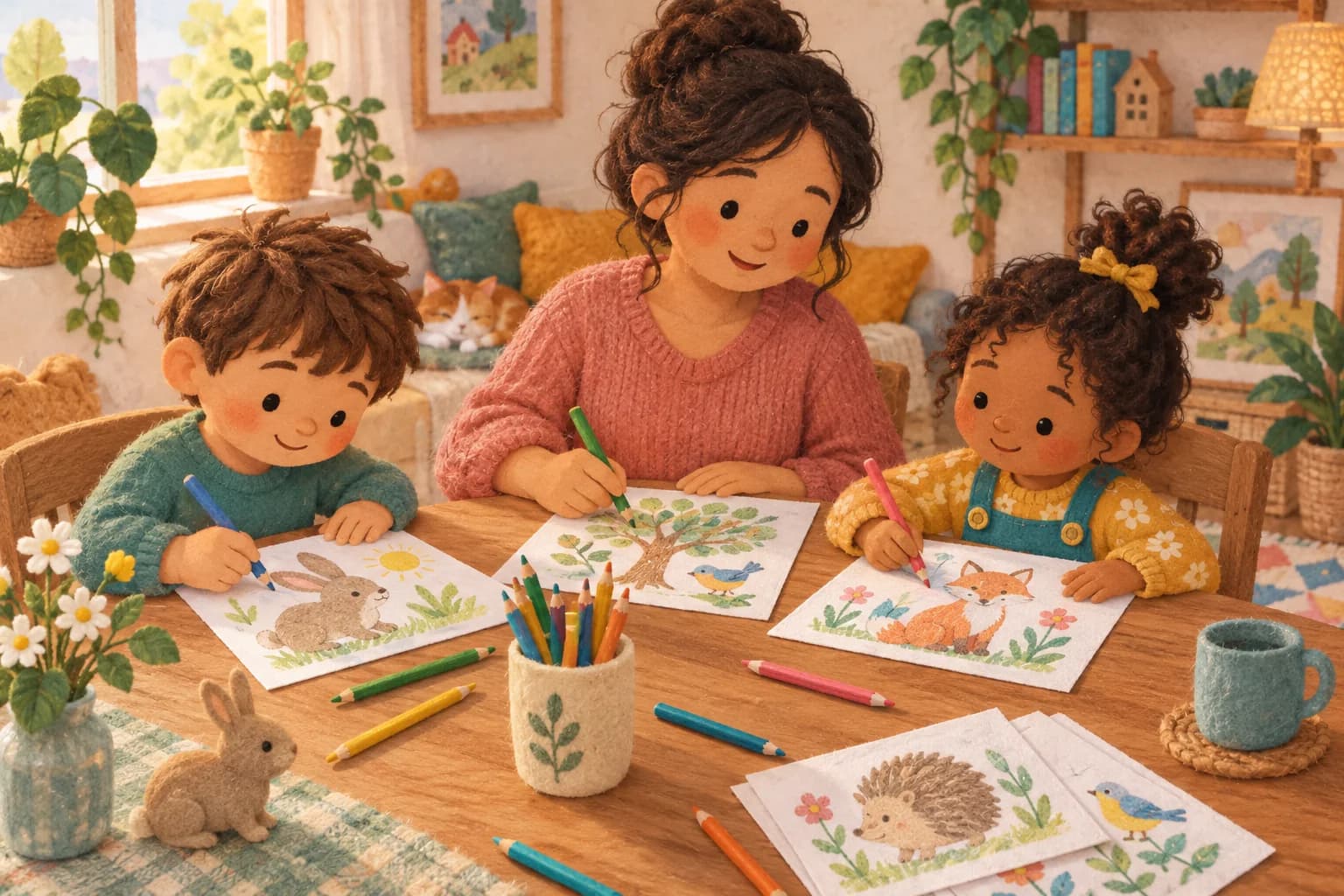 Une famille assise autour d’une table partage un moment calme en coloriant des dessins avec des crayons de couleur.