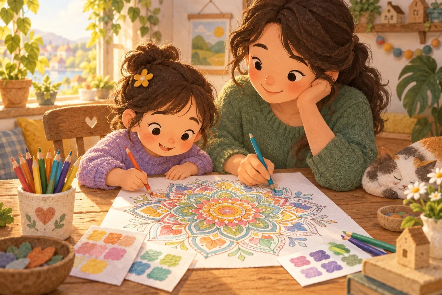 Un enfant et un parent colorient ensemble un grand mandala avec des crayons de couleur