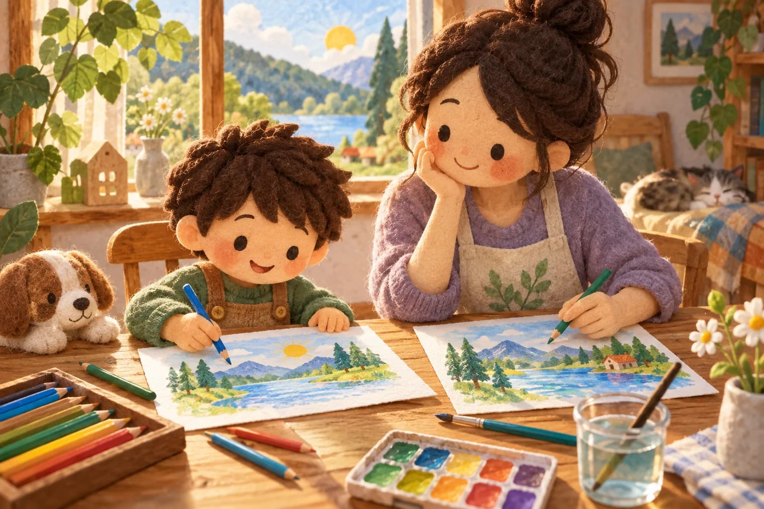 Un enfant et un parent utilisent des crayons aquarellables autour d’un dessin coloré