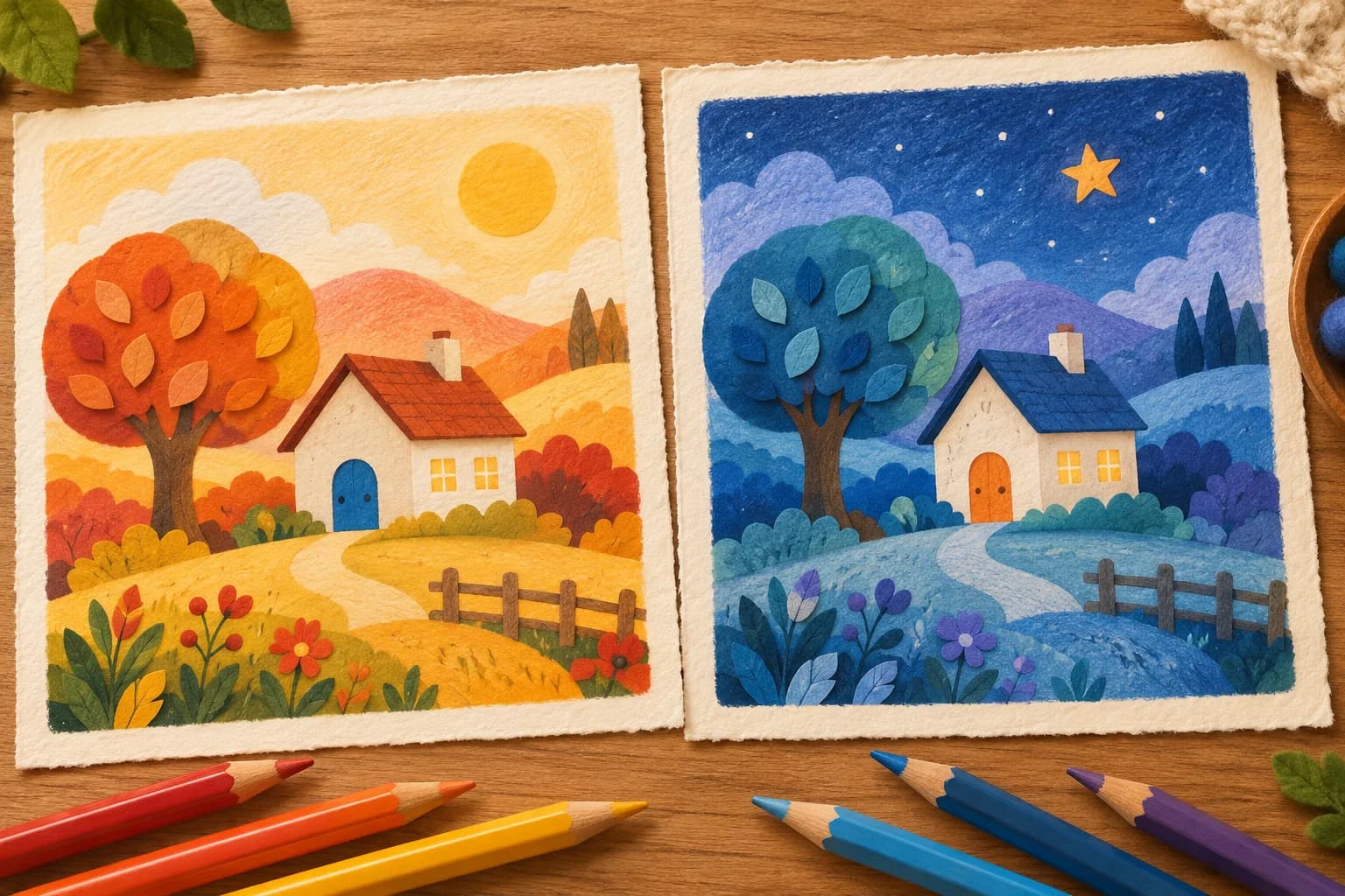 Deux dessins d’une même maison, l’un en couleurs chaudes et l’autre en couleurs froides, avec des crayons sur une table.