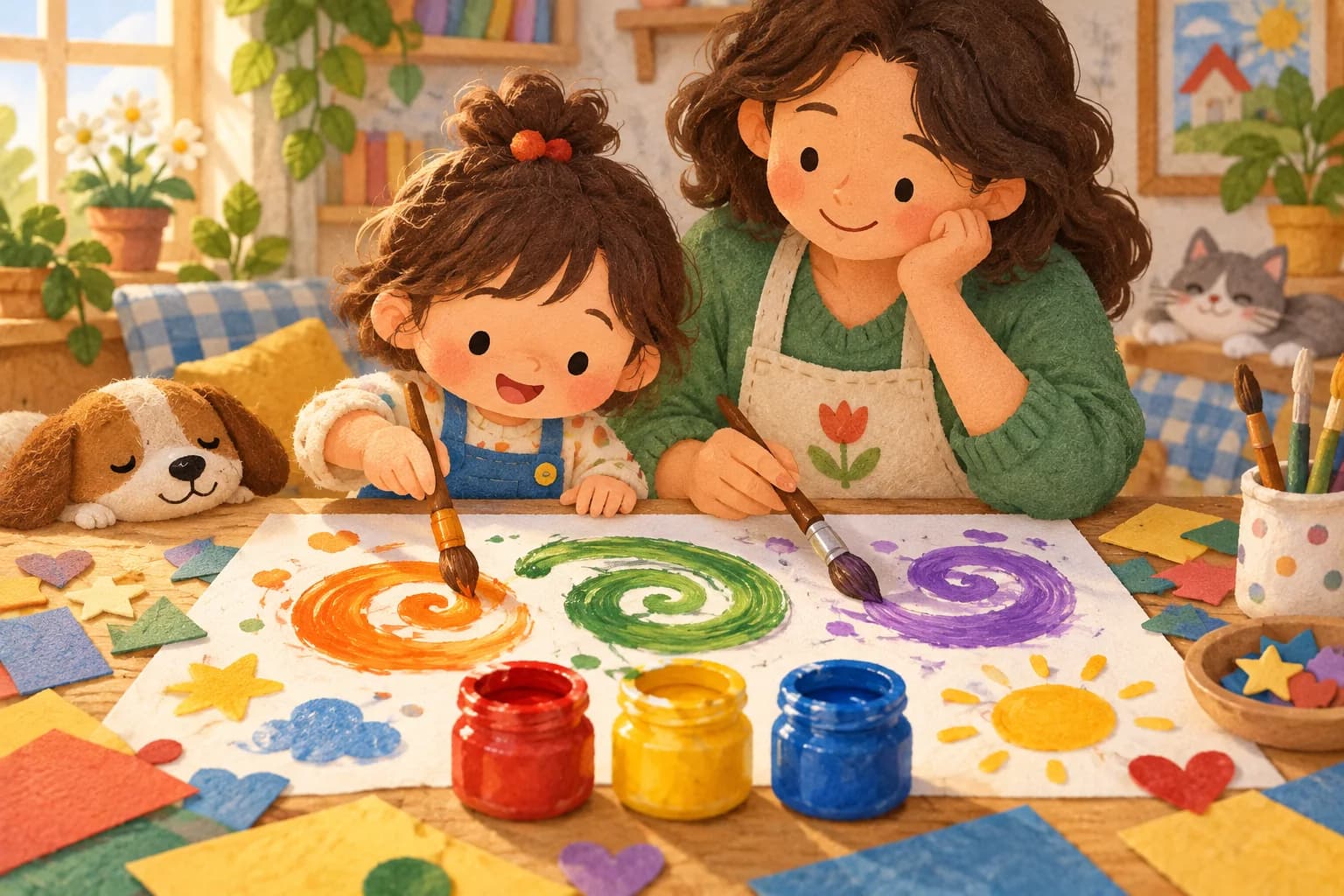 Un enfant et un parent mélangent du rouge, du jaune et du bleu pour créer de nouvelles couleurs.