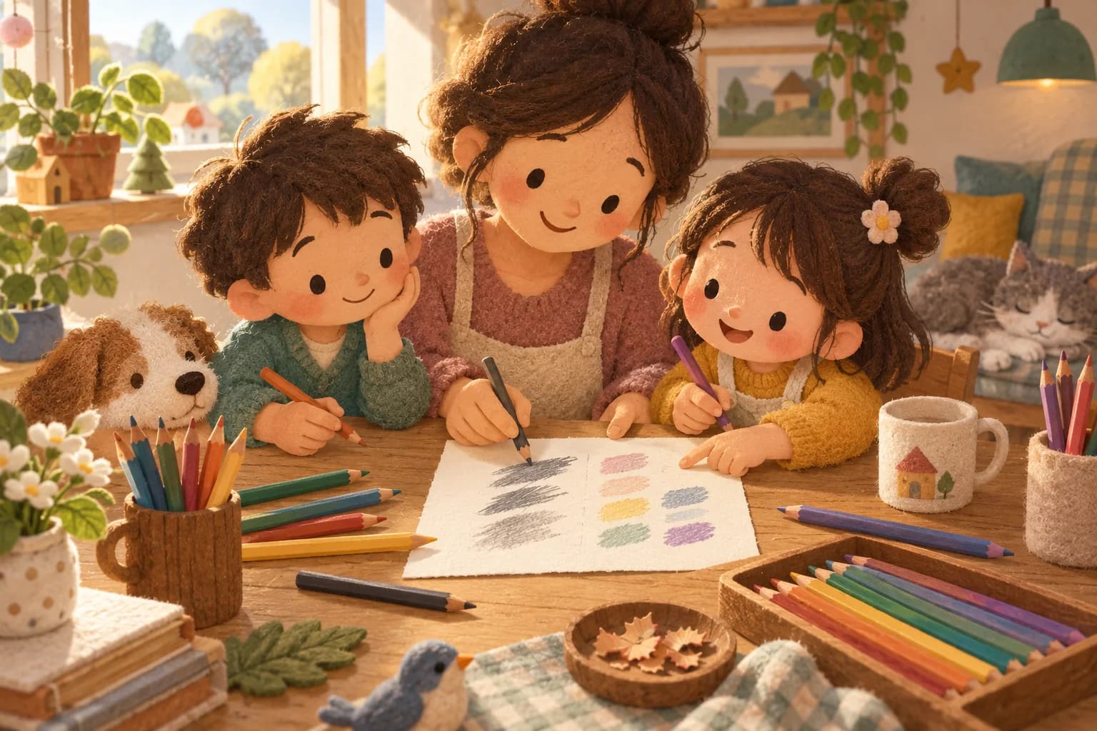 Un enfant et un adulte comparent des crayons de couleur et leurs traces sur une feuille