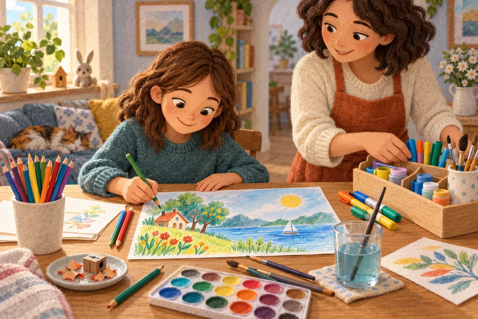Un enfant colorie à une table avec des crayons de couleur, des feutres et de la peinture, tandis qu’un parent l’aide à organiser le matériel.